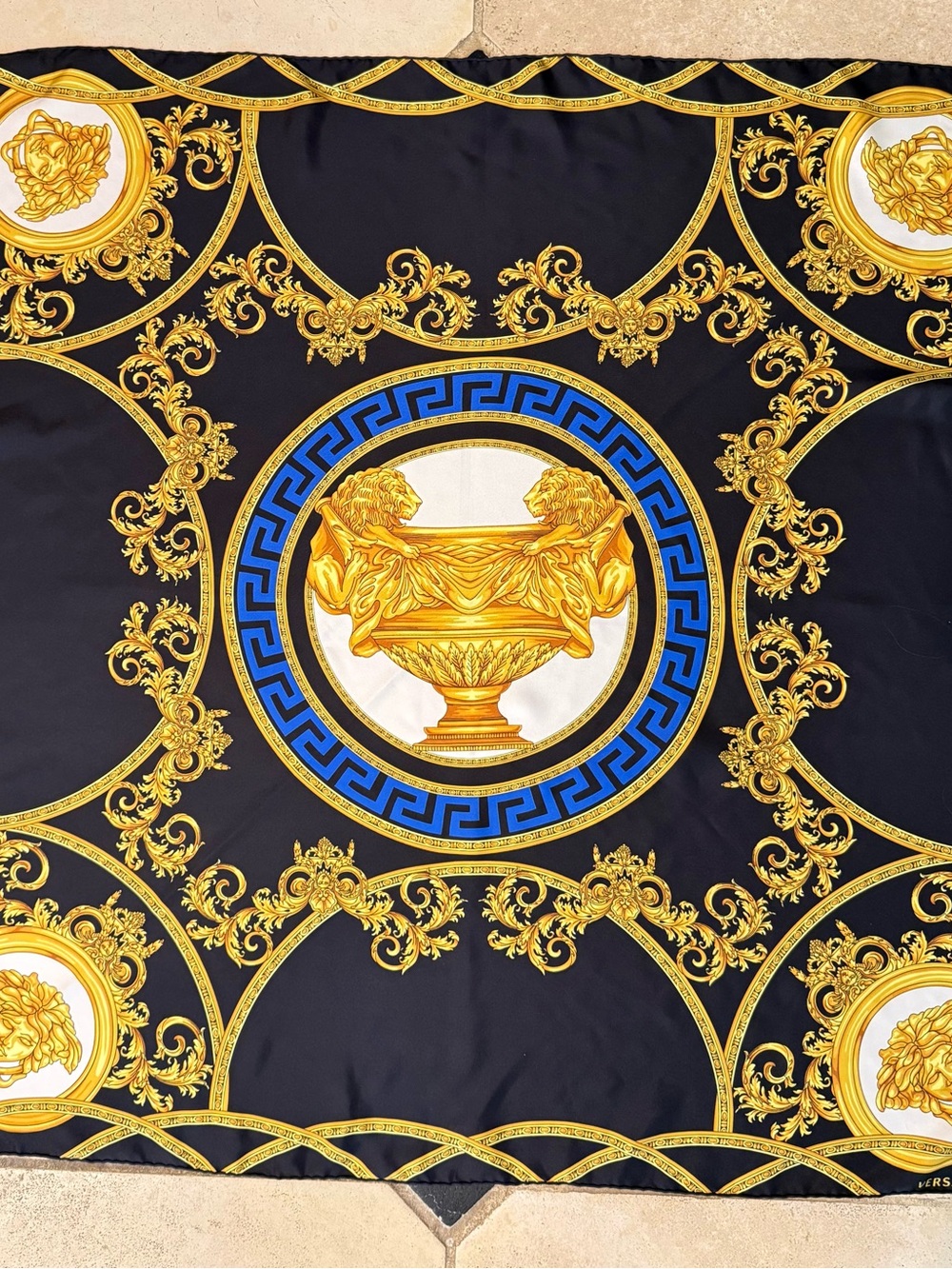 Versace Black Blue and Gold Baroque Silk Scarf - new, never worn